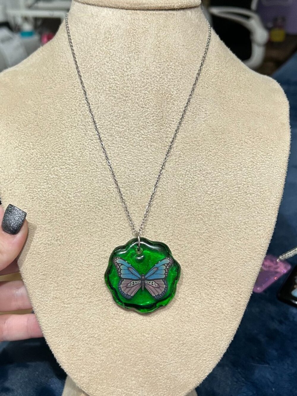 Green Butterfly Resin Pendant Necklace